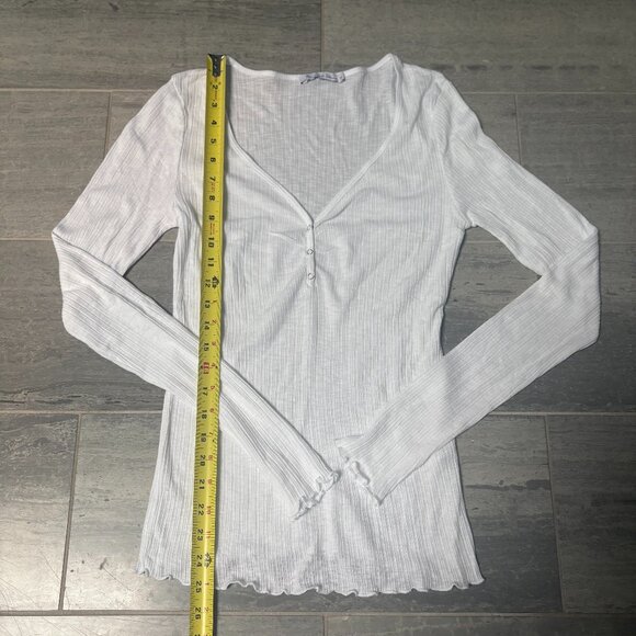 Michael Stars Ribbed Henley Long Sleeve Tee Scalloped Hem Cuffs White One Size - Picture 4 of 8
